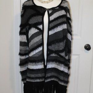 BCBG Max Azria Black Grey White Fuzzy Poncho S/M